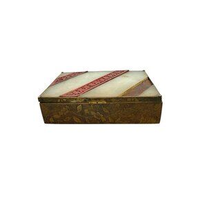 Cinnabar and Precious Stone Lidded Metal Box Chinese Vintage Collectibles Decor